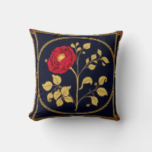 Coussin de jet à médaillon floral or et marine