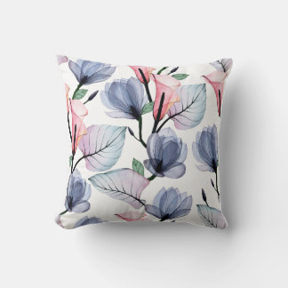 Coussin de jet à motif floral aquarelle bleu et ro