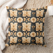 Coussin de jet à motif floral noir et or