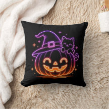 Coussin de jet Cute Neon Halloween Citrouille Chat