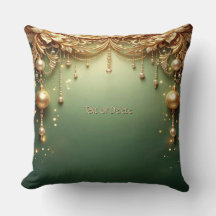 Coussin de jet orné de doré vert festif