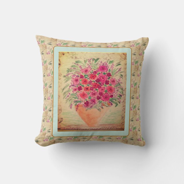 Coussin de jet - Vase de fleurs en techniques mixt (Recto)