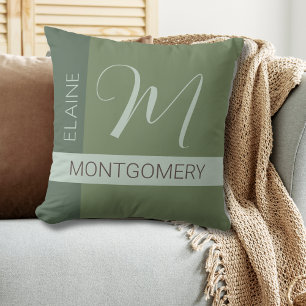 Coussin de monogramme de bloc vert Sage