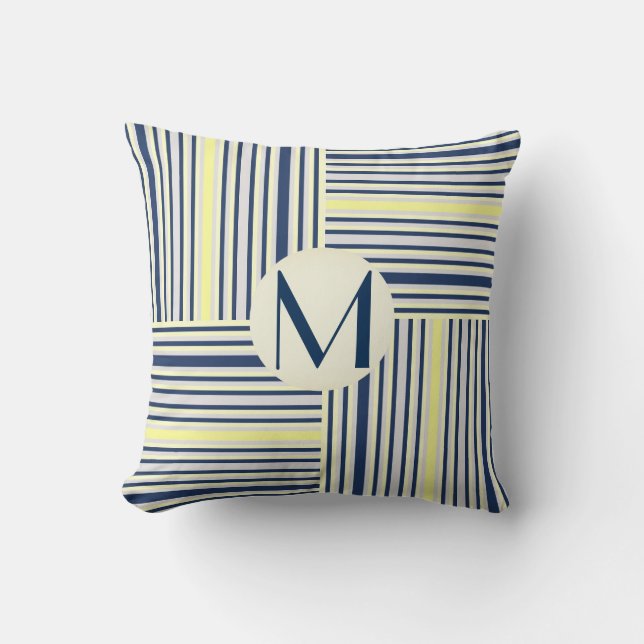 Coussin de monogramme de blocs bleu et jaune de la (Recto)