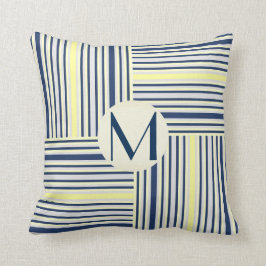 Coussin de monogramme de blocs bleu et jaune de la
