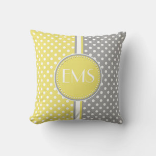 Coussin de monogramme de Polka Jaune et Gris