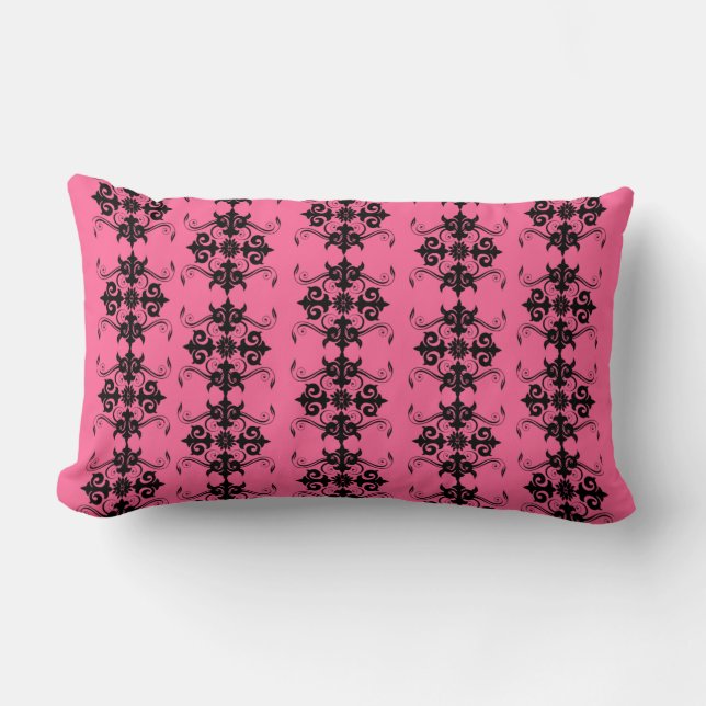 Coussin de motif de Damas rose et noir (Recto)
