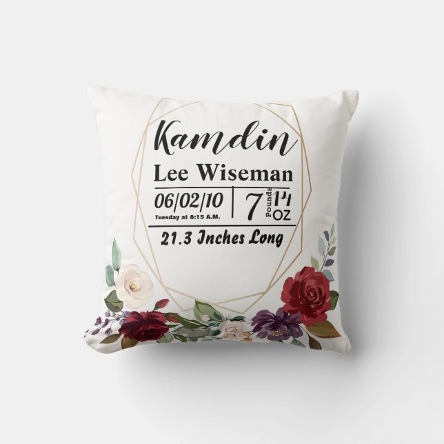 Coussin de naissance personnalisé White Roses Gold (Recto)