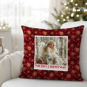 Coussin de Noël ange rêveur poinsettia
