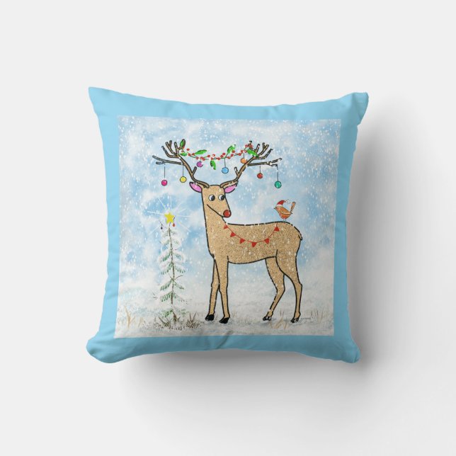 Coussin de Noël des cerfs et des oiseaux (Recto)