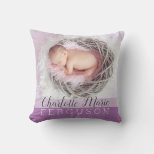 Coussin de souvenir de naissance photo violet pour