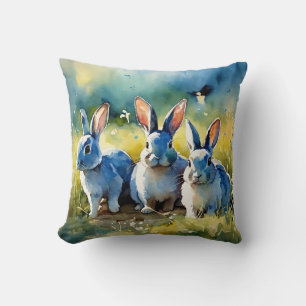 Coussin de style aquarelle Blue Bunny Garden