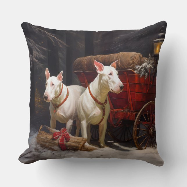 Coussin Décor de Noël Bull Terrier Snowy Sleigh (Recto)