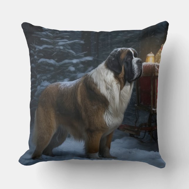 Coussin Décor de Noël Saint Bernard Snowy Sleigh (Recto)
