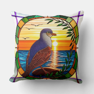 Coussin 🌅 Décor de vitrail oiseau coucher de soleil océan