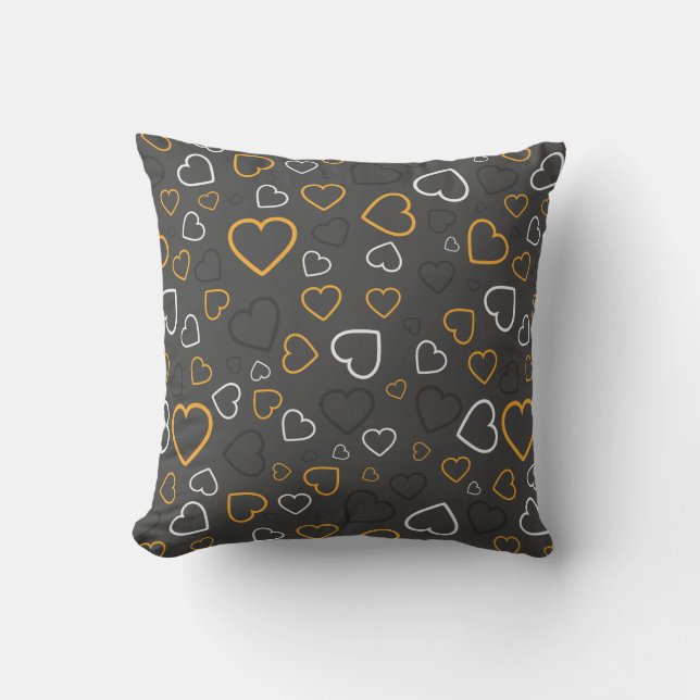 Coussin décoratif à motif Cœurs Jaune Gris Bonheur (Recto)