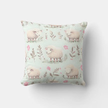 Coussin décoratif à motif floral et mouton pastel