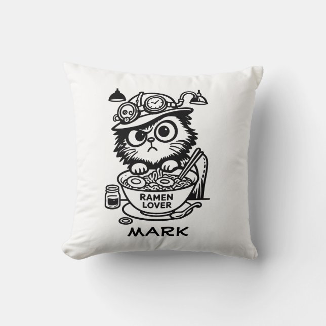Coussin décoratif chat Steampunk Grumpy Ramen Drôl (Recto)