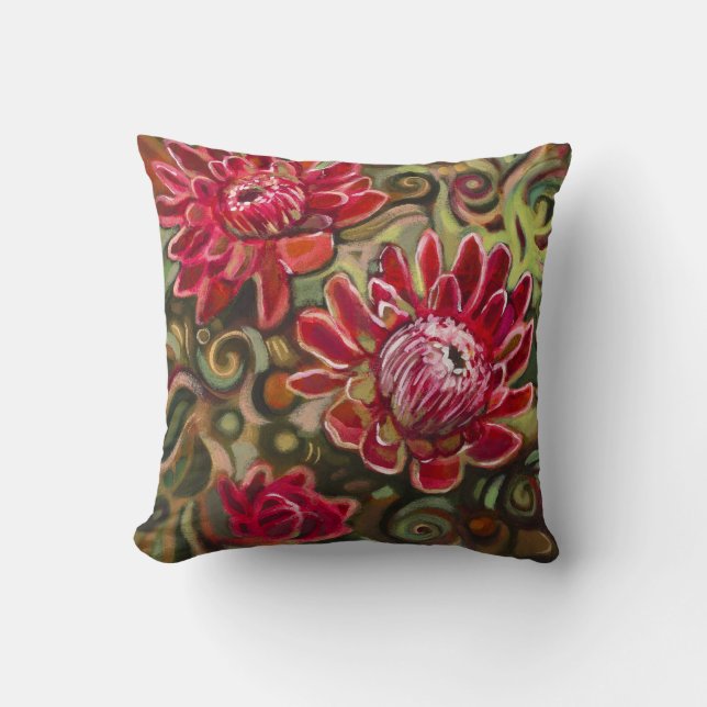 Coussin décoratif de motif floral tropical rouge (Recto)
