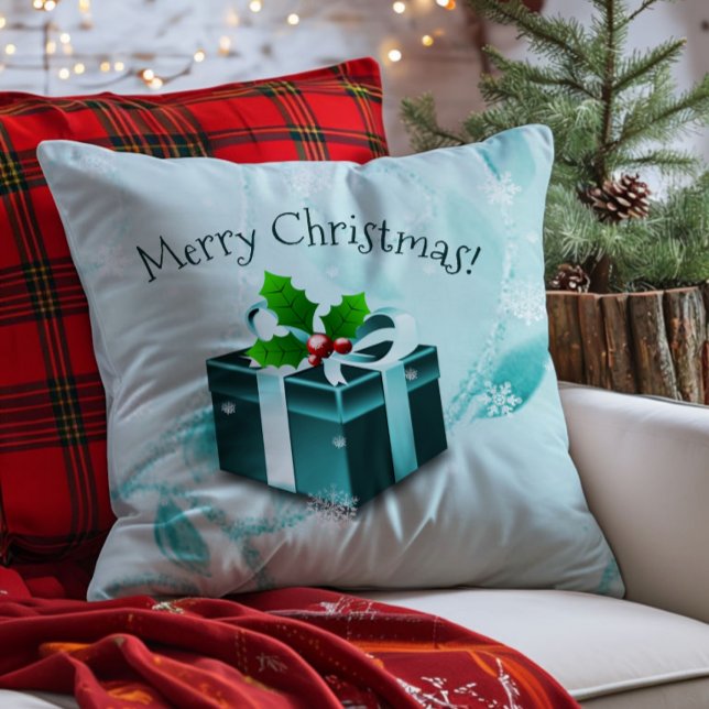 Coussin décoratif de Noël sarcelle (Teal Christmas Gift Throw Pillow)