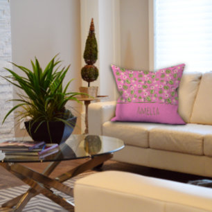 Coussin décoratif enfant fleurs aquarelle rose