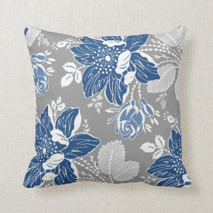 Coussin décoratif floral bleu-foncé de blanc gri