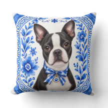 Coussin décoratif floral en chinoiserie bleue de B