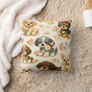 Coussin décoratif floral papillon chiot mignon 