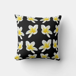 Coussin décoratif frangipanier noir blanc jaune.