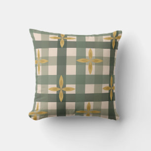 Coussin décoratif Gingham vert et feuilles 