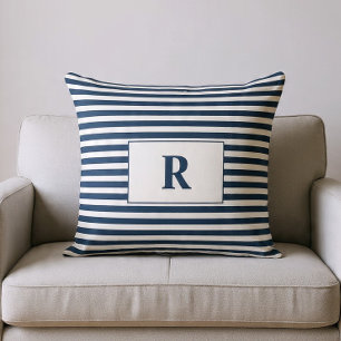 Coussin décoratif rayé bleu/blanc avec monogramme