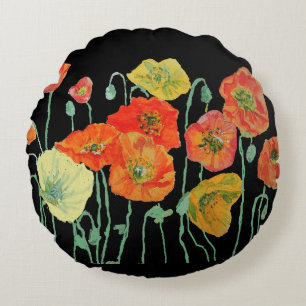 Coussin décoratif rond aux pavots orange et noir