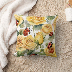 Coussin décoratif Roses jaunes et coccinelles pour