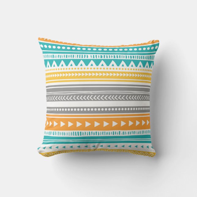 Coussin décoratif tribal gris turquoise orange (Recto)