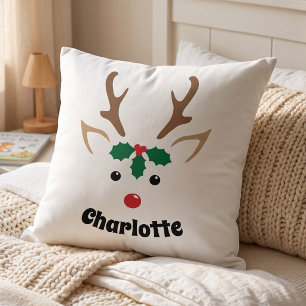 Coussin Décoration de Noël de rennes festive   Nom personn