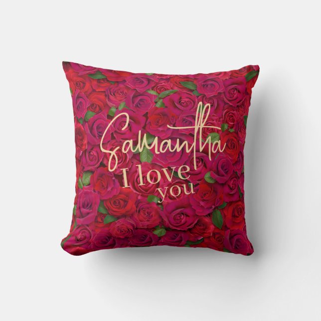 Coussin Deep Red Rose Pattern I Love You With Custom Name (Recto)