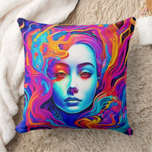 Coussin Déesse néon avec cheveux cosmiques flottants