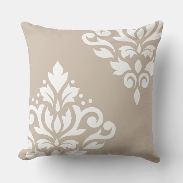 Coussin Défiler Damask Art I Blanc sur Taupe légère (Recto)