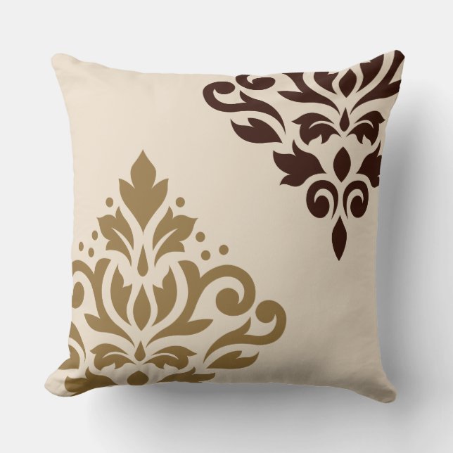 Coussin Défiler Damask Art I Gold & Brown sur Crème (Recto)