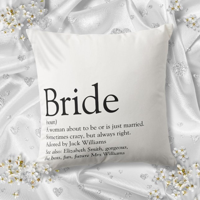 Coussin Définition de la mariée, Fête des mariées Typograp (Bride Definition Bridal Shower Modern Typographic Throw Pillow)