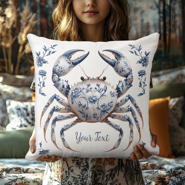 Coussin Delft Blue Floral Crab Coastère Rustic Beach House (Créateur téléchargé)