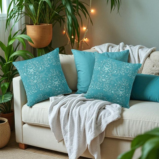 Coussin Délicat deux tons Fancy Floral Turquoise Damask (Créateur téléchargé)