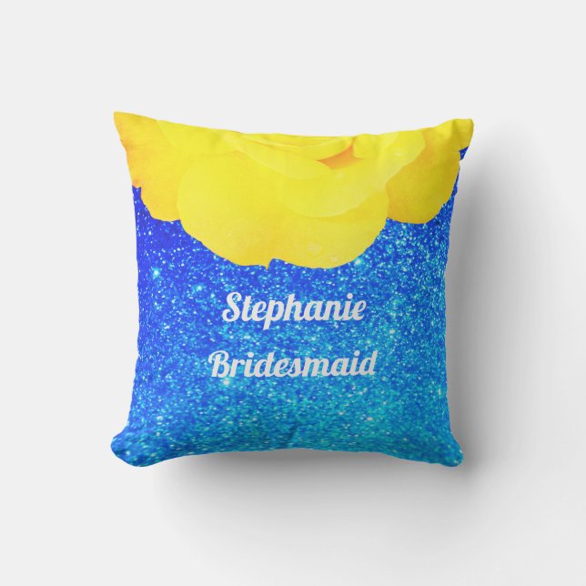 Coussin Demoiselle d'honneur Jaune Floral Bleu Paillettes  (Recto)