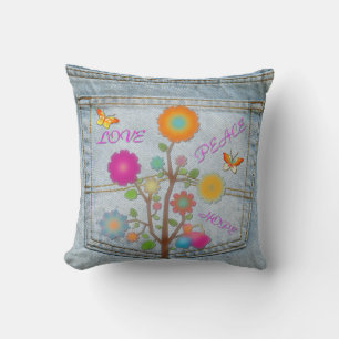 Coussin Denim Back Fleurs de poche Paix Amour Espoir Couss