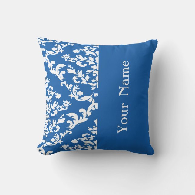 Coussin Denim Blue Bold Damask avec nom @ Emporiomoffa (Recto)