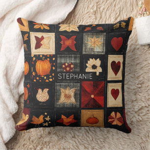 Coussin Denim Folk Art Quilt Motif   Patch d'automne rusti