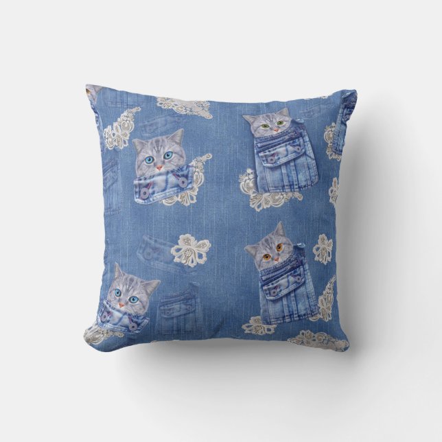 Coussin Denim Jean poches, chatons et dentelle (Recto)