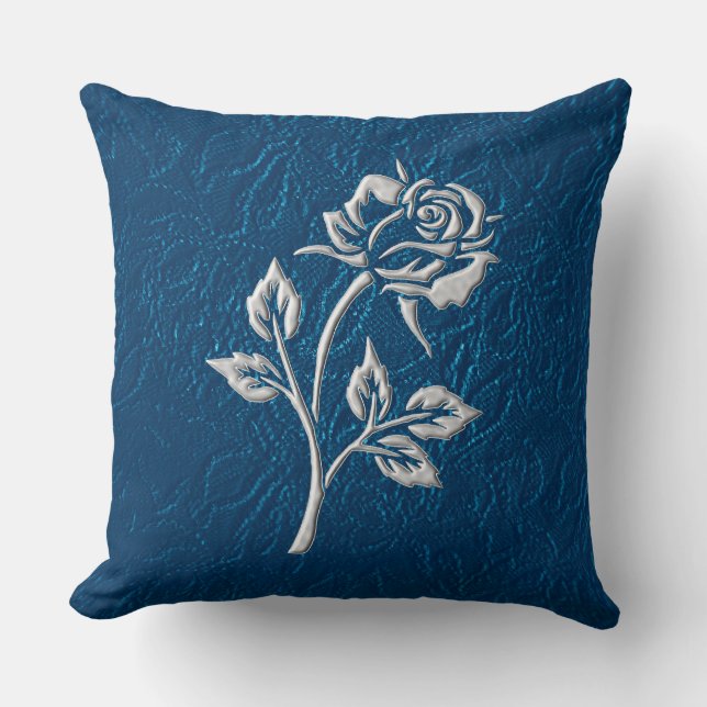 Coussin Dentelle Bleue Avec Rose Argent (Recto)