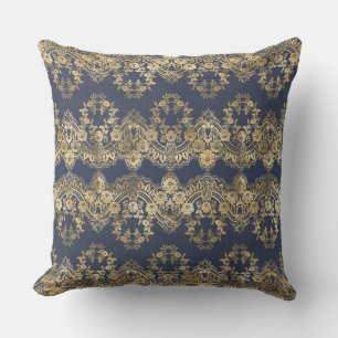 Coussin Dentelle d'or, motif, bleu foncé, élégant, motif, 