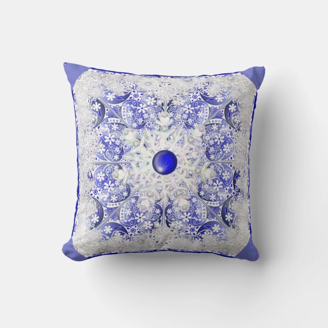 Coussin Dentelle en céramique Bleu de Grèce & flocon de ne (Recto)